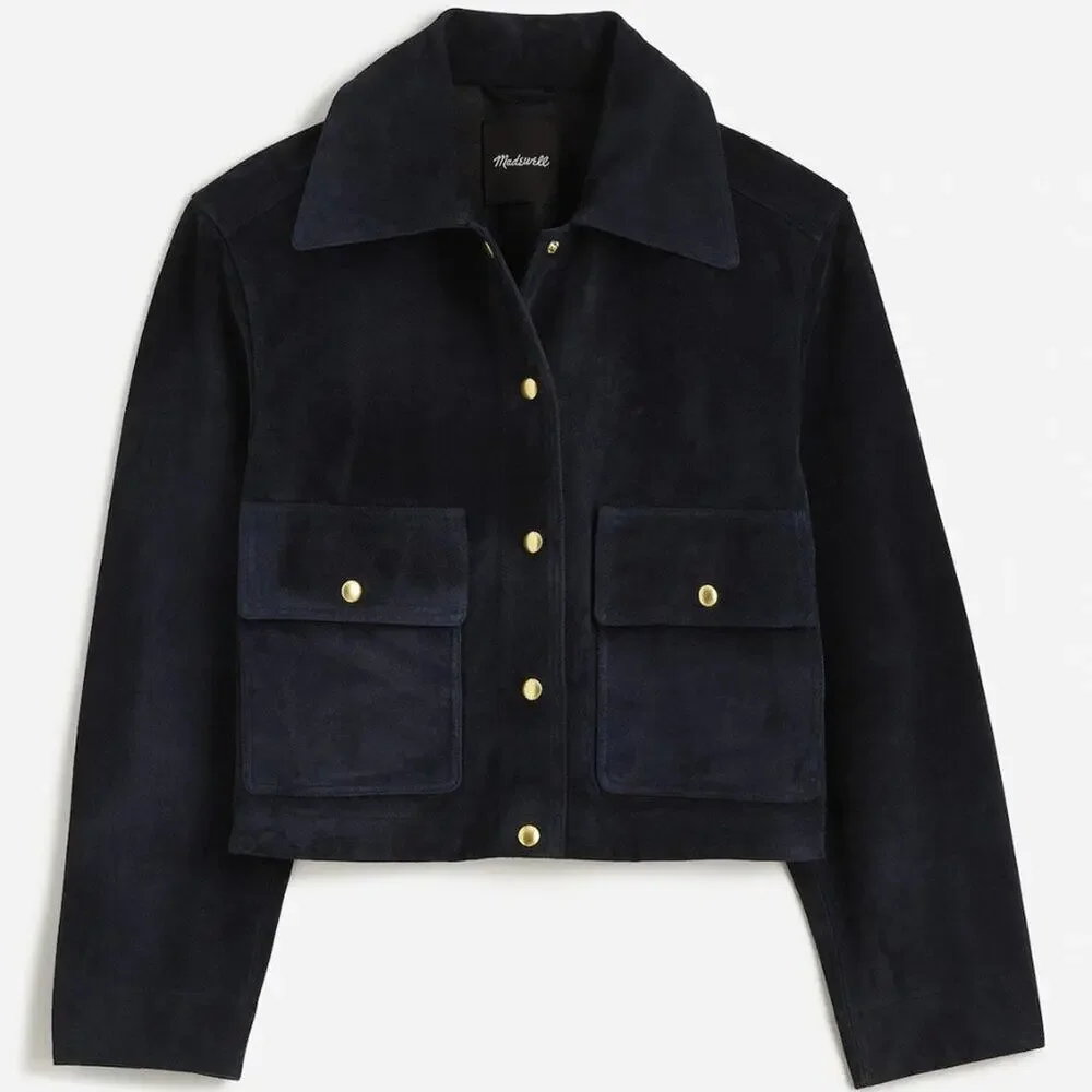 NWT Madewell Crop Chore Jacket in Suede Navy Blue L